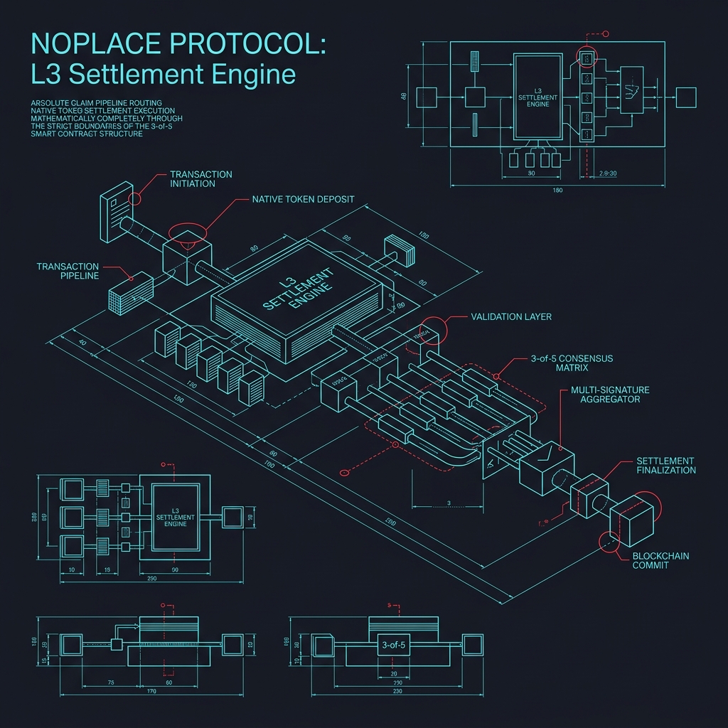 NOPLACE Settlement Engine — L3 protocol flow with ZK proof verification and governance vote pipeline