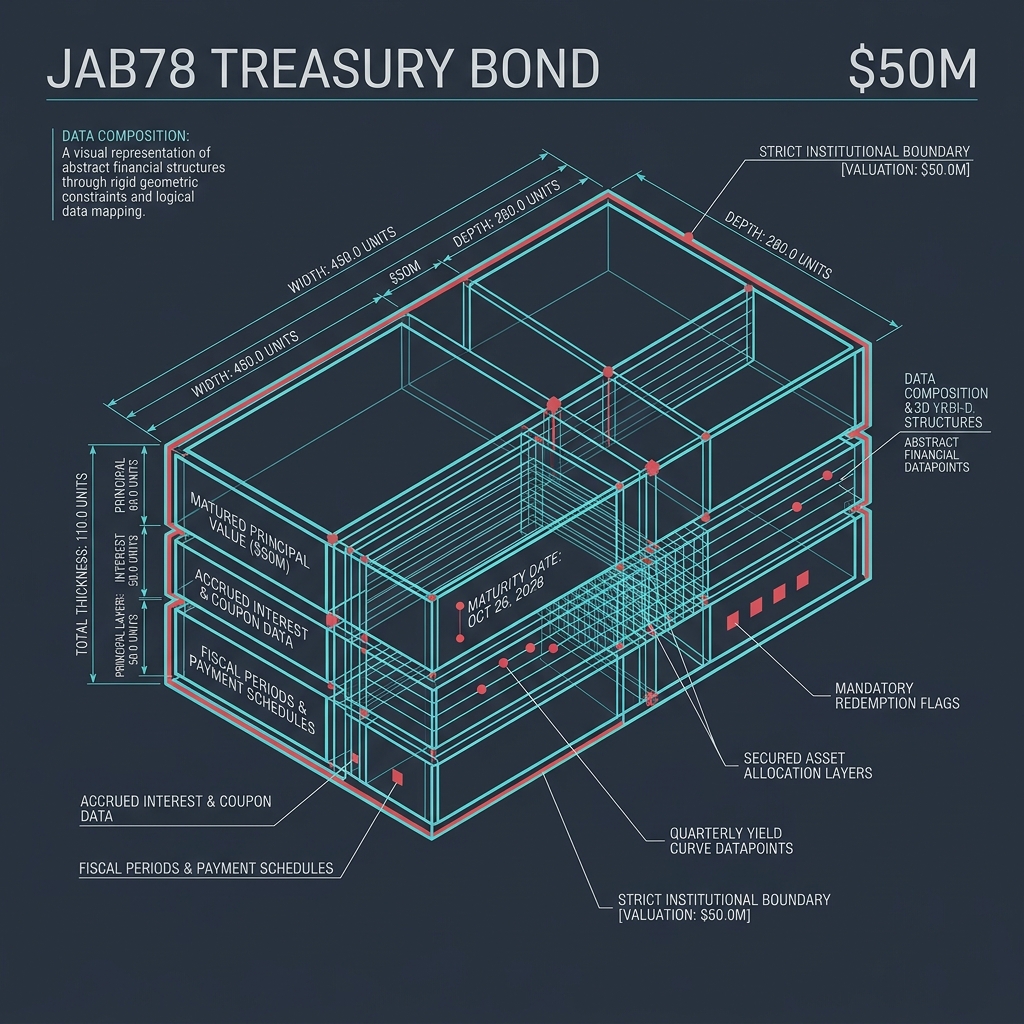 JAB78 Treasury Bond — $50M matured principal value with accrued interest, coupon data, fiscal periods, and secured asset allocation layers