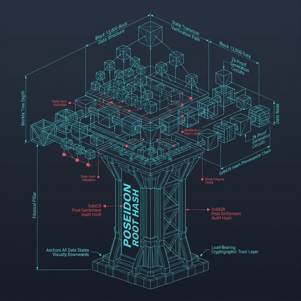 Poseidon Root Hash — cryptographic trust layer anchoring all data states with ZK-proof generation circuits