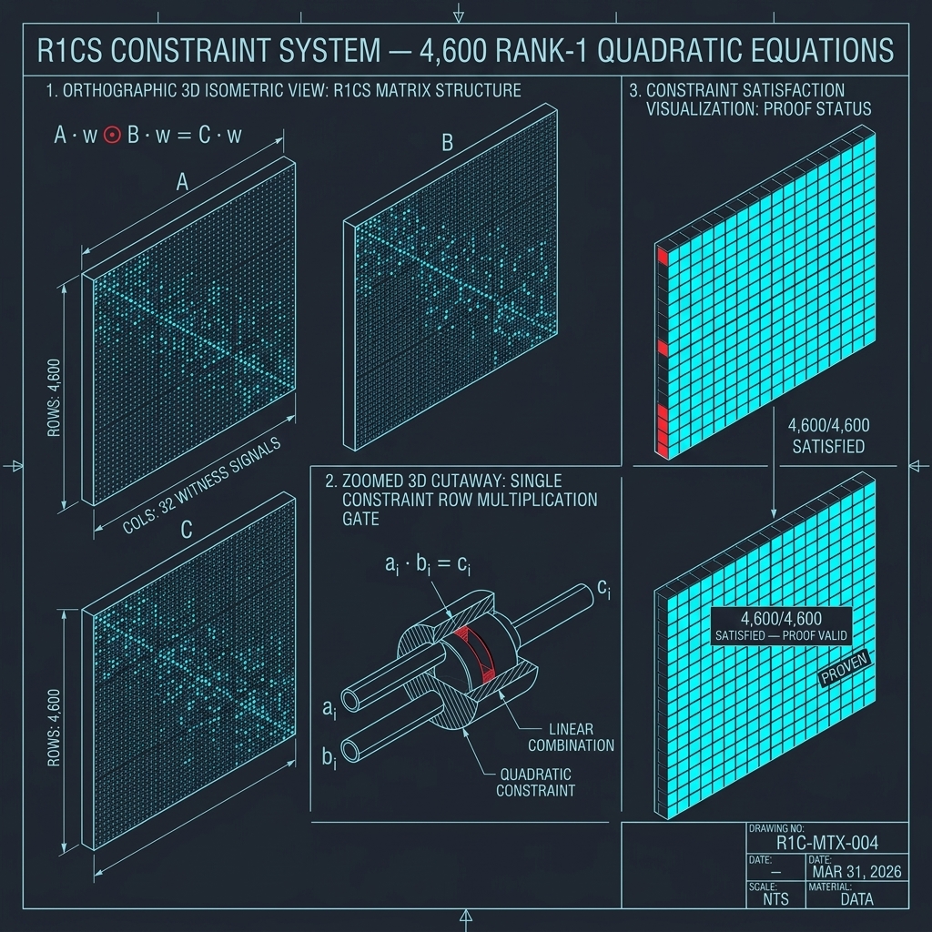 R1CS constraint system — 4,600 rank-1 quadratic equations with orthographic 3D isometric view of matrix structure and constraint satisfaction visualization