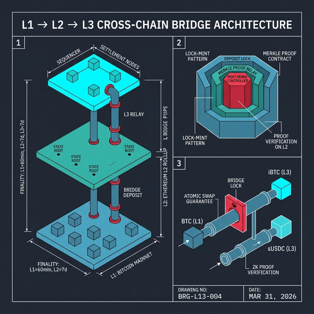 L1 to L2 to L3 Cross-Chain Bridge Architecture — layered settlement with state root propagation and Merkle proof verification