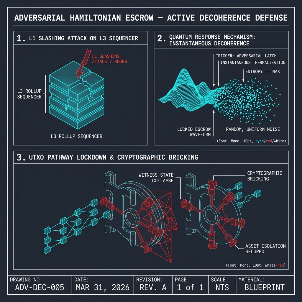 Adversarial Hamiltonian escrow — active decoherence defense with L1 slashing attack response, quantum waveform lockdown, and UTXO cryptographic bricking