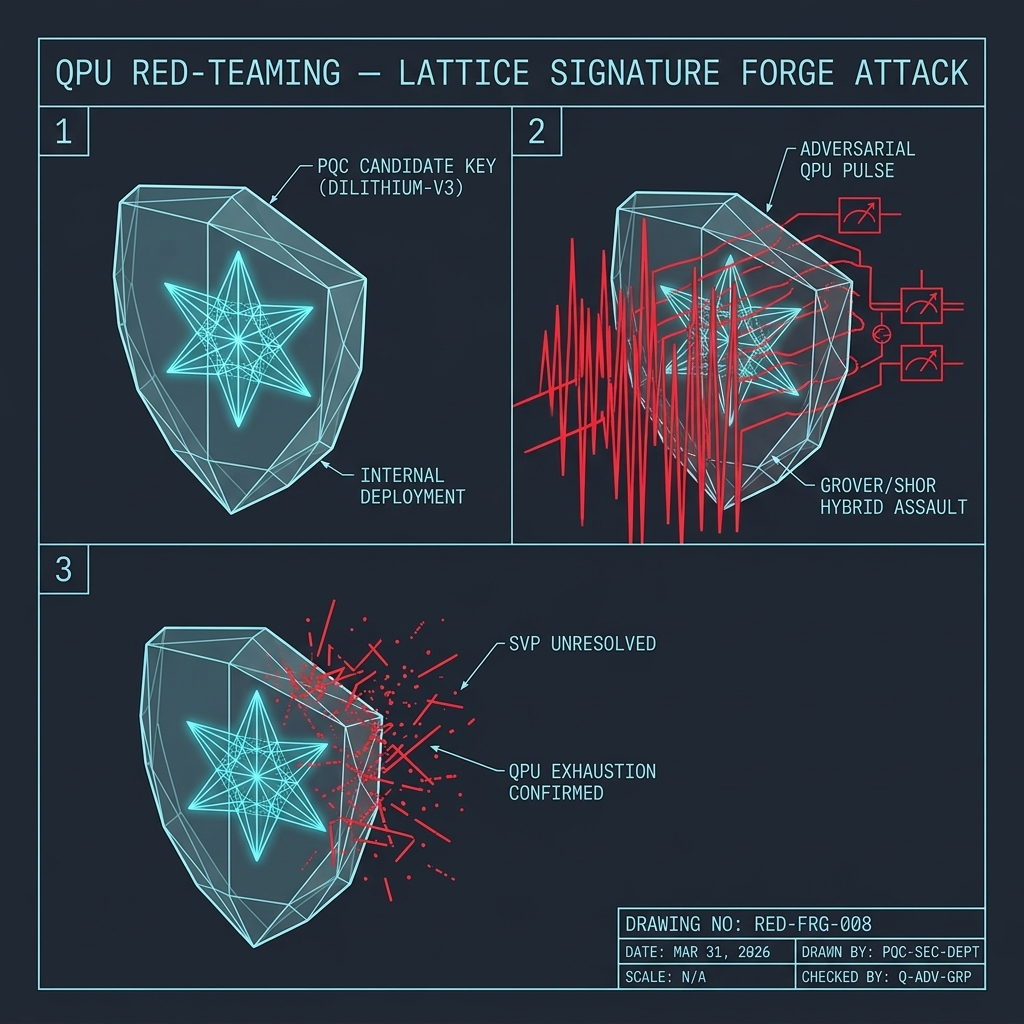 QPU red-teaming — lattice signature forge attack with PQC candidate key, adversarial QPU pulse, and SVP unresolved exhaustion confirmation