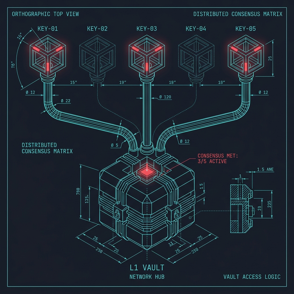 3-of-5 distributed consensus matrix — five key holders connected to L1 vault network hub with vault access logic detail