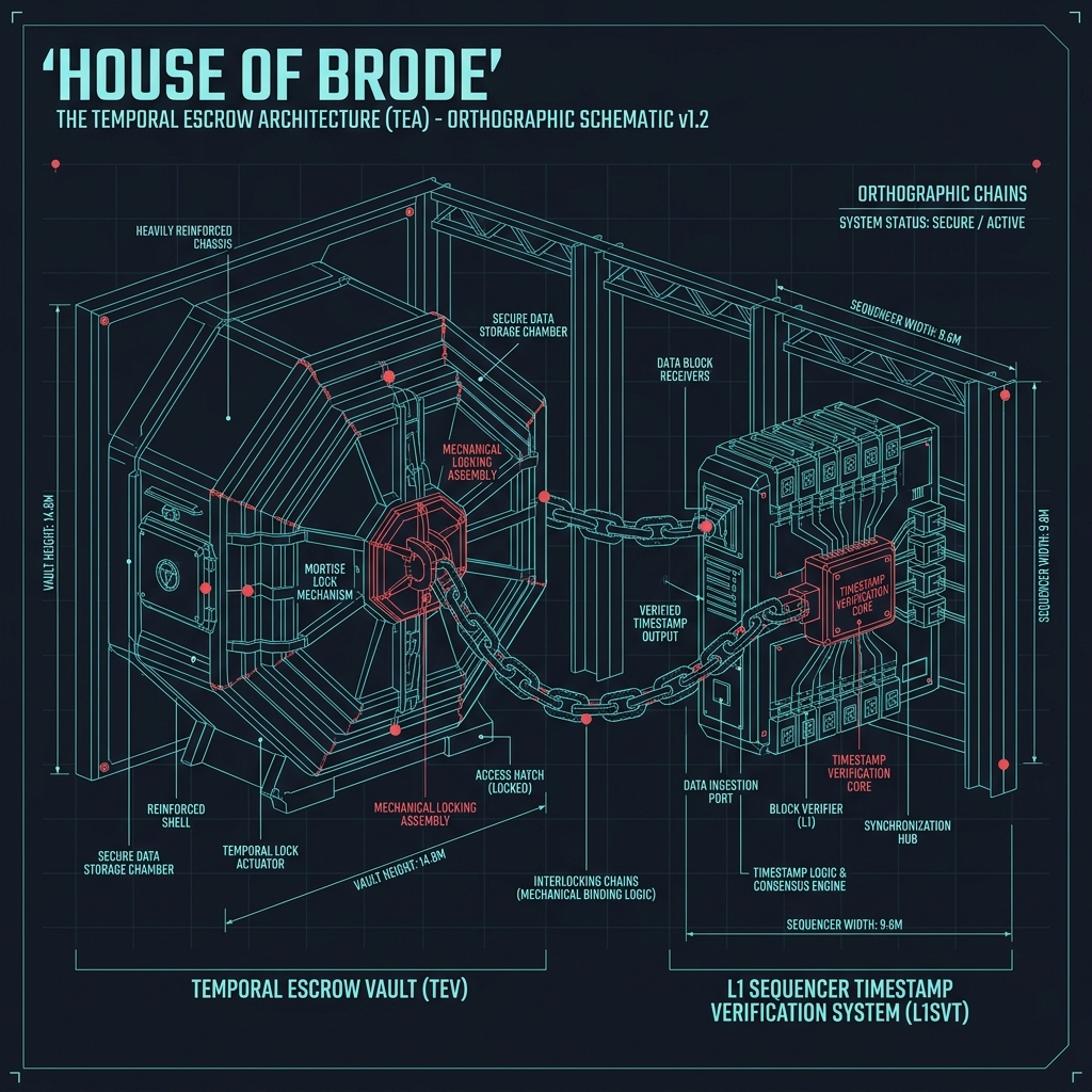Temporal Escrow Architecture — vault structure with mechanical locking assembly, L1 sequencer timestamp verification system, and interlocking binding logic